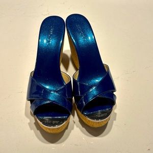 Jimmy Choo Black Patent Leather Cork Wedge Sandals Shoes